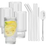 Ribbed Glassware Drinking Glasses with Straws Set of 4