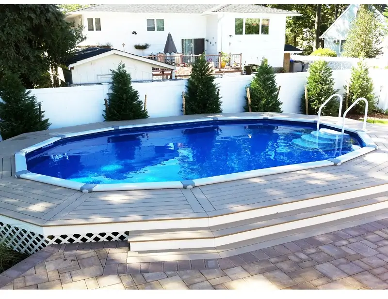 semi above ground pool with a deck