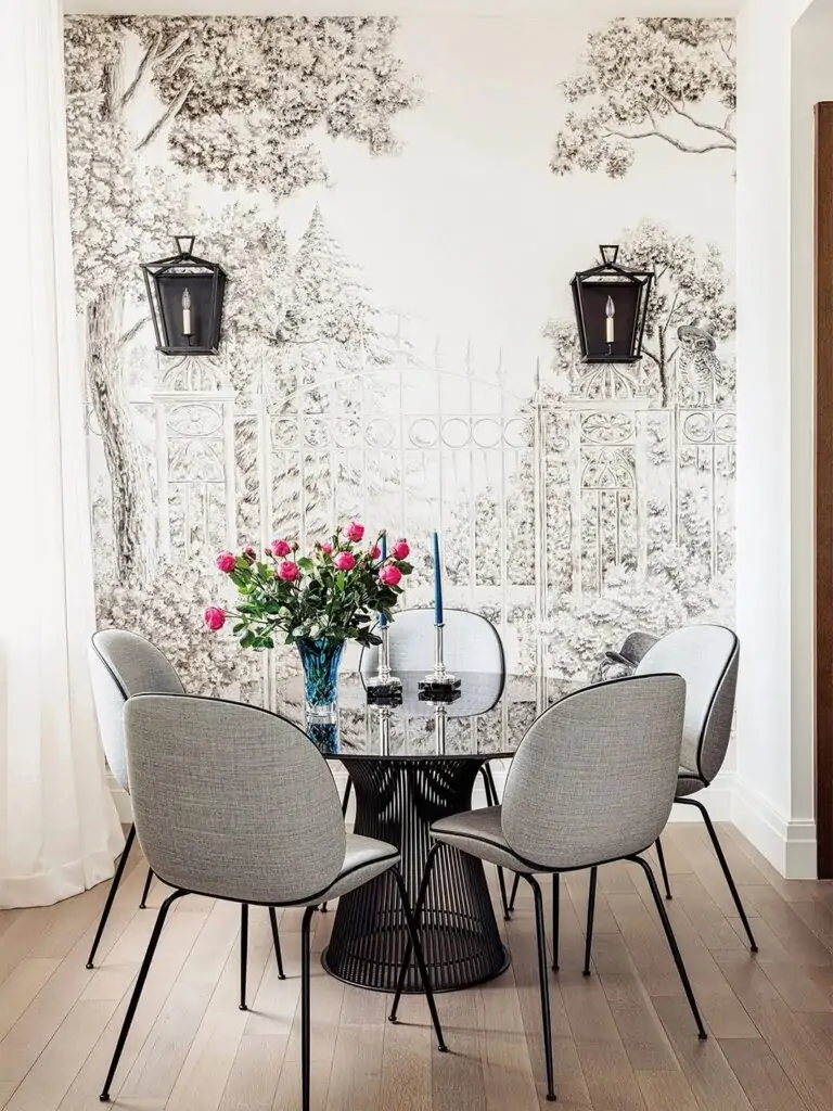 garden wallpaper for dining nook in living room