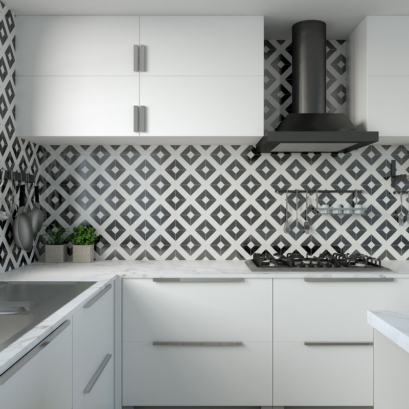 geometric pattern backsplash for kitchen with white cabinets