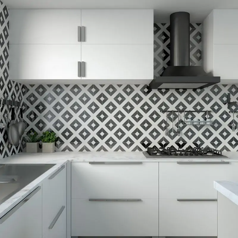 geometric pattern backsplash for kitchen with white cabinets