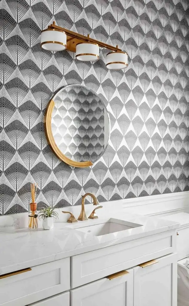 patterned wallpaper for gray bathroom