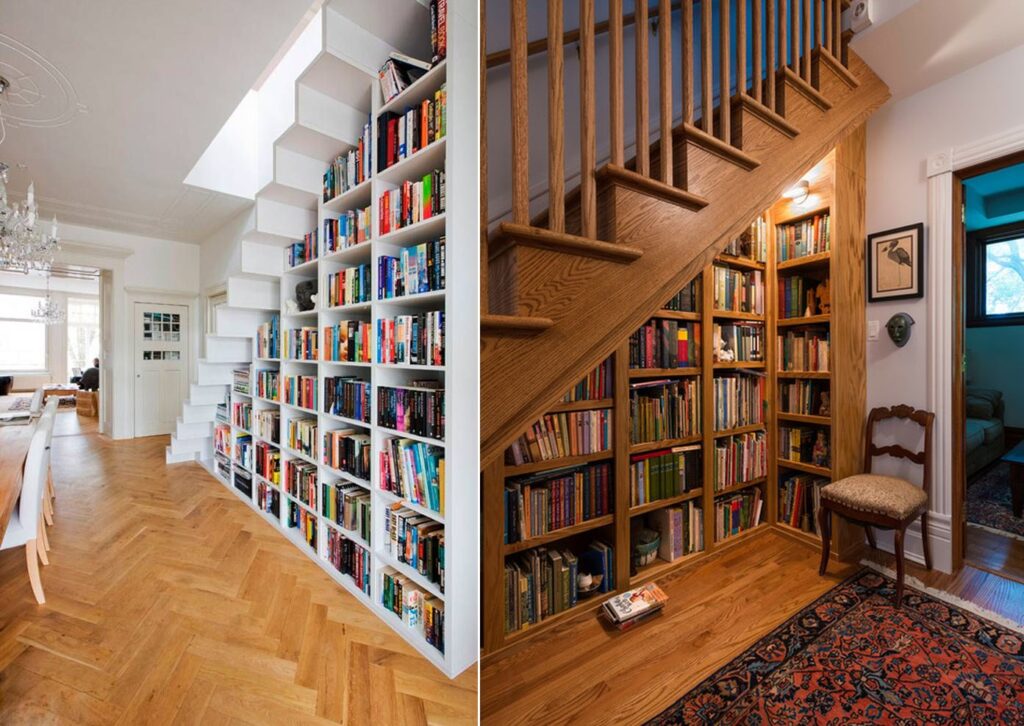 . book storage under stairs