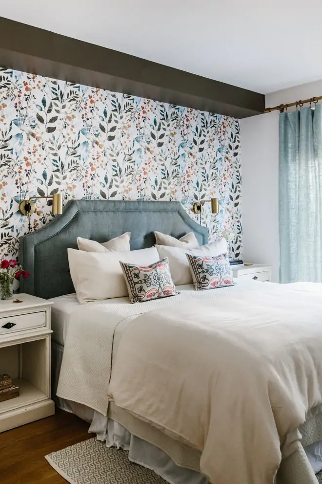 master bedroom multicolored wallpaper accent wall