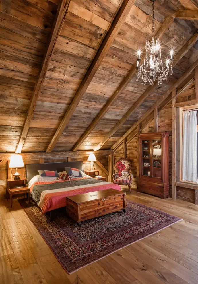 rustic master bedroom under sloping roof