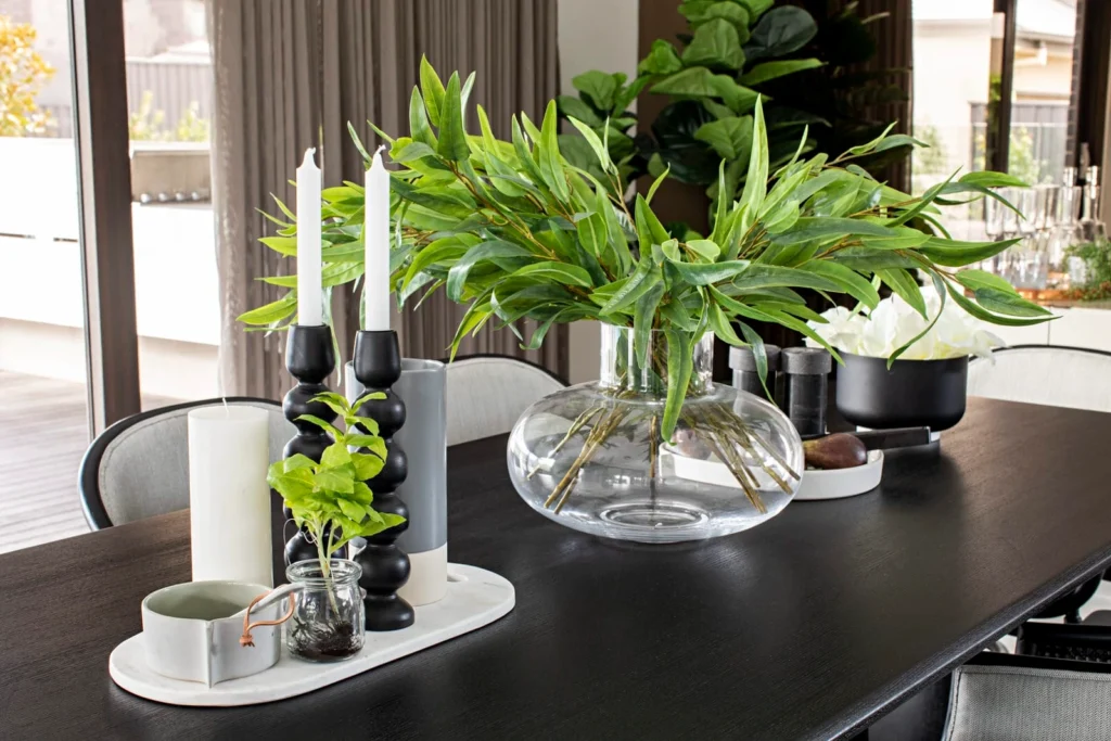 dining table centrepiece ideas greenery in centre of table luxe table stying metricon