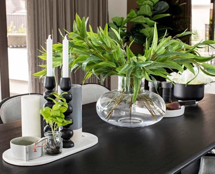 dining table centrepiece ideas greenery in centre of table luxe table stying metricon