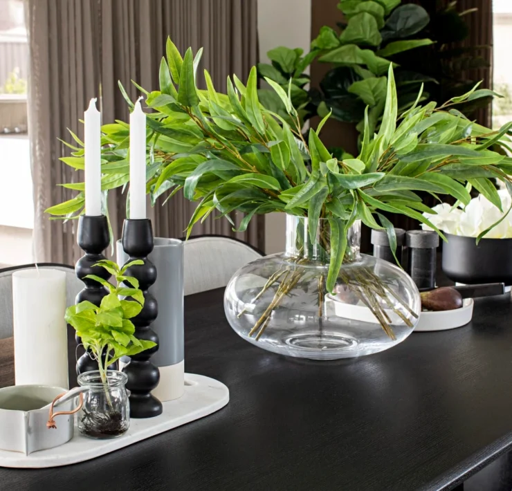 dining table centrepiece ideas greenery in centre of table luxe table stying metricon