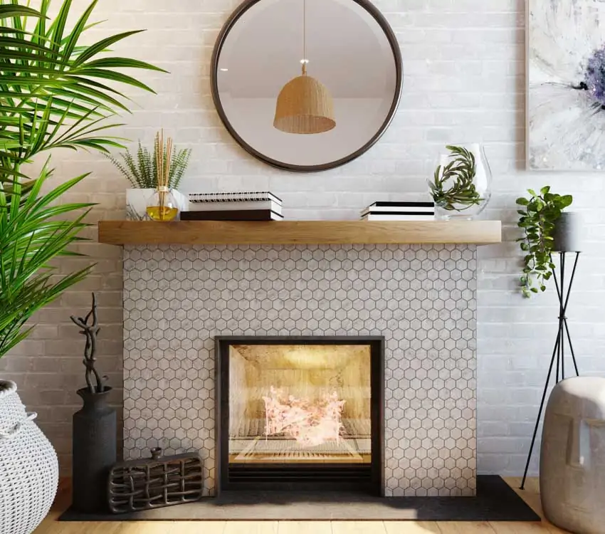 beautiful fireplace with mantel and tile design ss