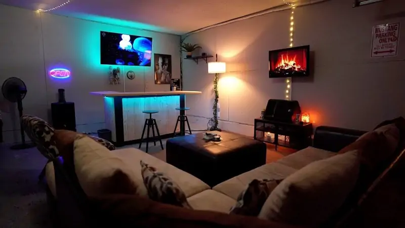 a movie themed garage man cave