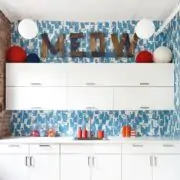 wallpaper above kitchen cabinets