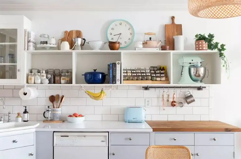 the top of the cabinets in farmstyled kitchen