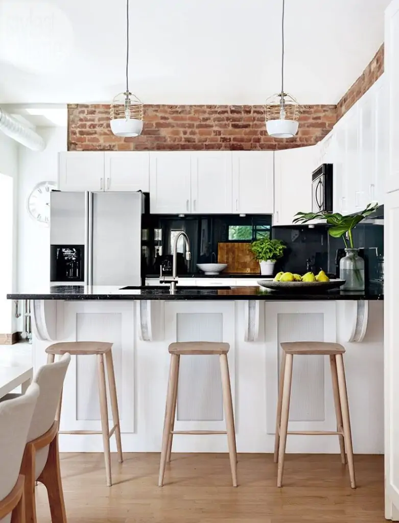 bricks above cabinets to accent farmhouse style