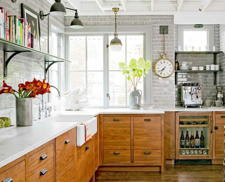 kitchen gray brick wooden cabinets edeb befcbdcdaafbf