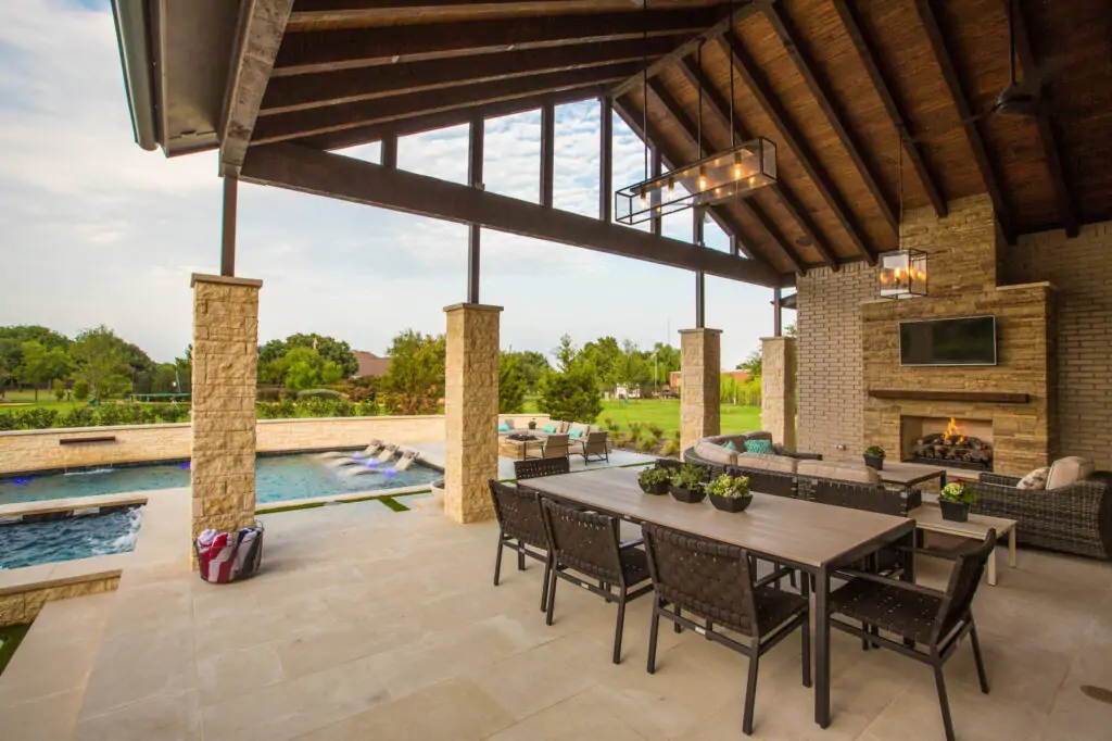 Patio with fireplace