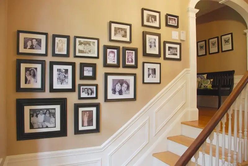 a wall collage on the stair walls