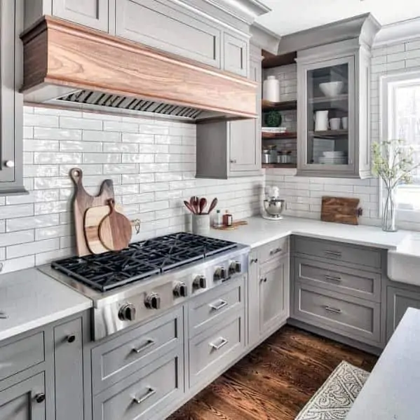 cool kitchen hood grey with unstained wood