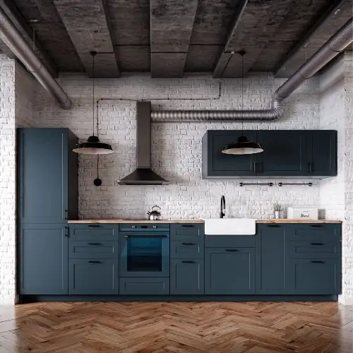 scandinavian blue kitchen cabinets in loft