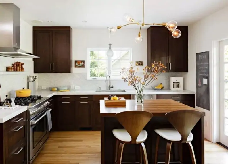 Brown white kitchen with sunny floor