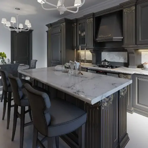 black kitchen cabinets with gold trim