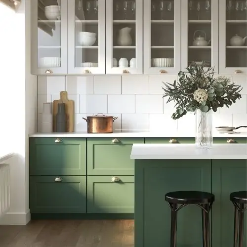 green and beige rustic kitchen cabinets