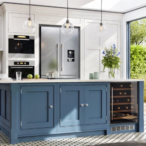 modern two tone blue white kitchen cabinets