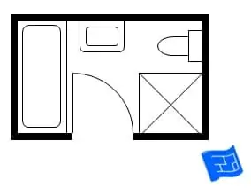 Shower area and bathtub at opposite extremes in a washroom layout