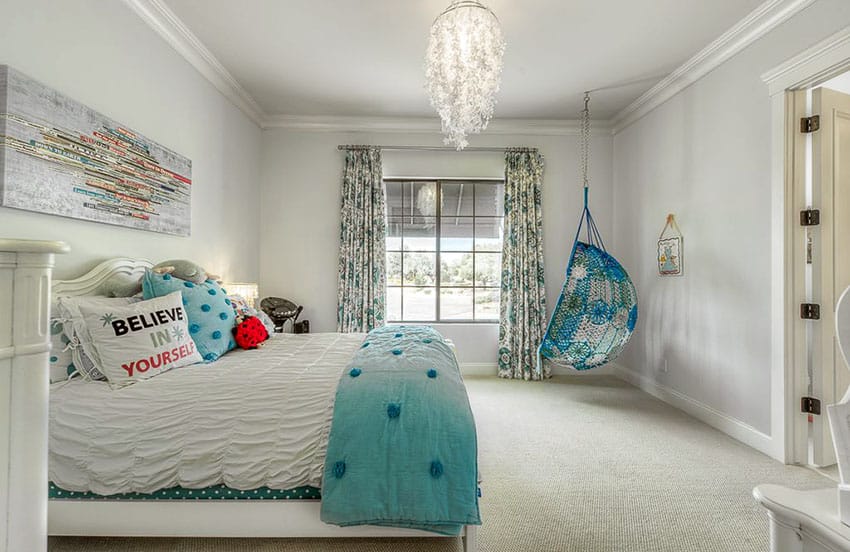 bedroom with aqua color hanging chair