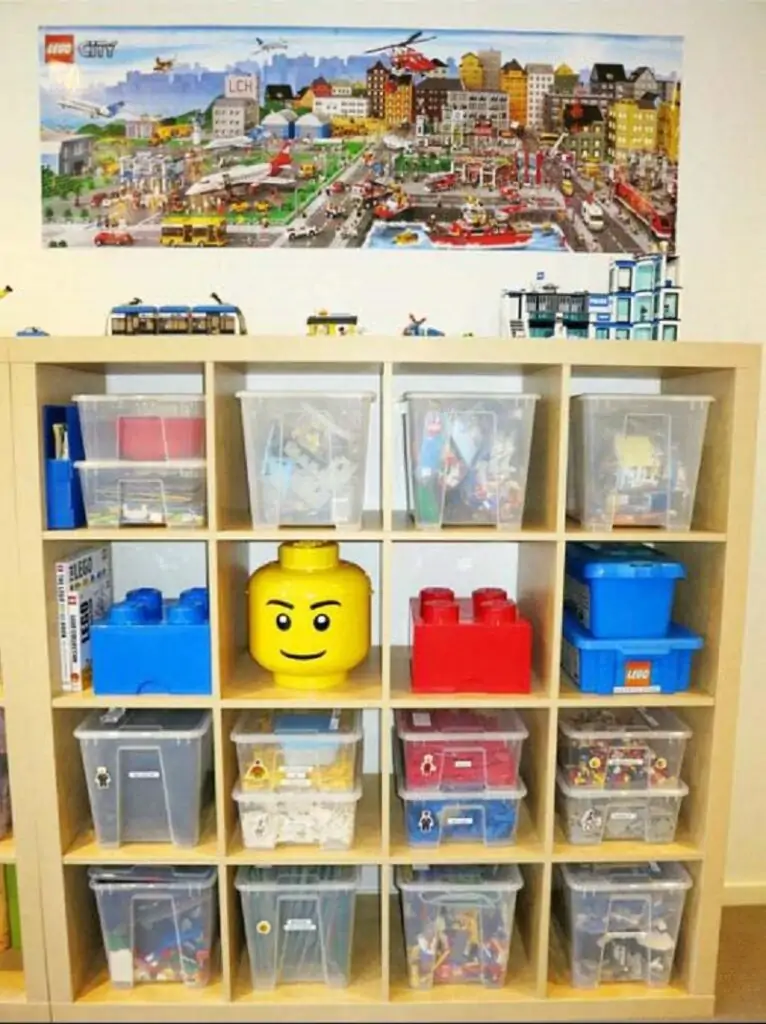 Plastic bins as storage for lego bricks