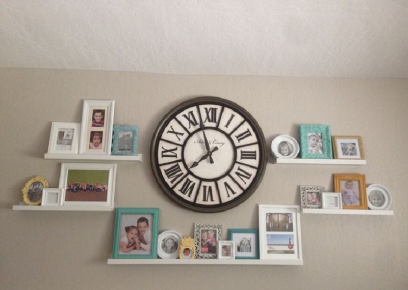 photo frames around a wall clock