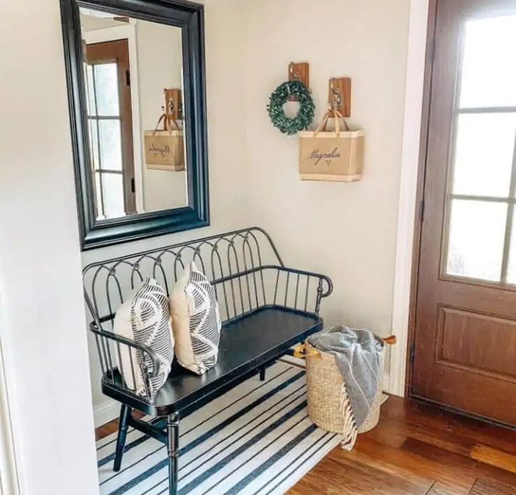 Black Metal and Painted Wood Entryway Bench x